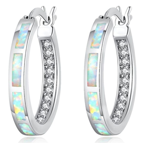 14K White Gold with Genuine White Fire Opal and Diamond CZ Round Hoop Earrings - Picture 1 of 5